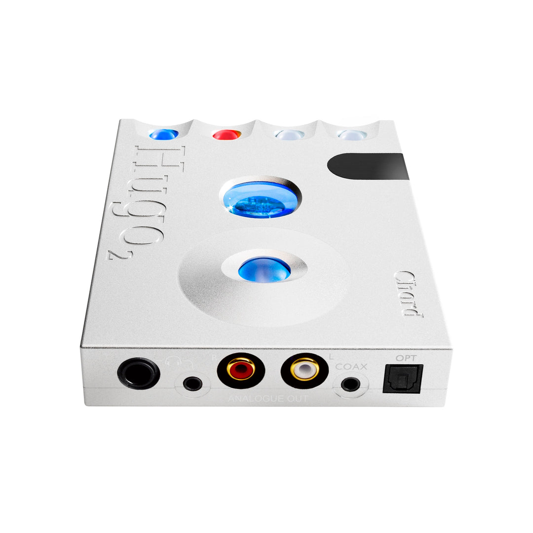 Chord Electronics silver Hugo 2 profile highlighting analog outputs over white background
