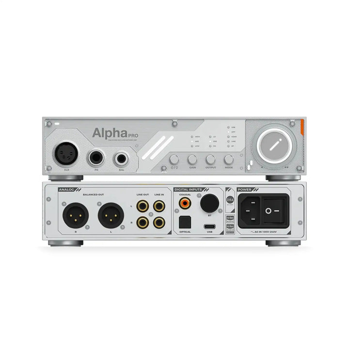 D&A Alpha Pro DAC/amp x2 sitting front view on top of rear view unit whitebox