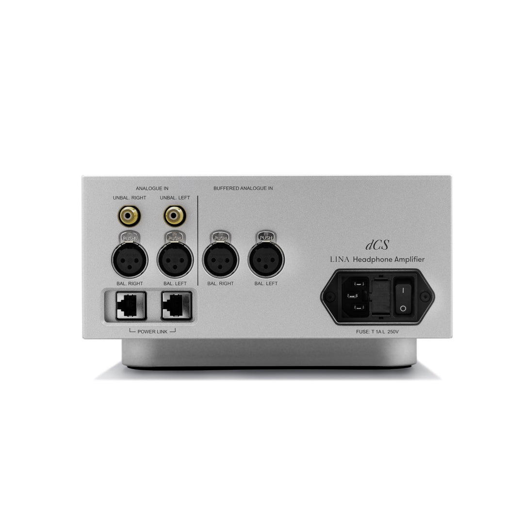 dCS Lina headphone amp silver rear over white background