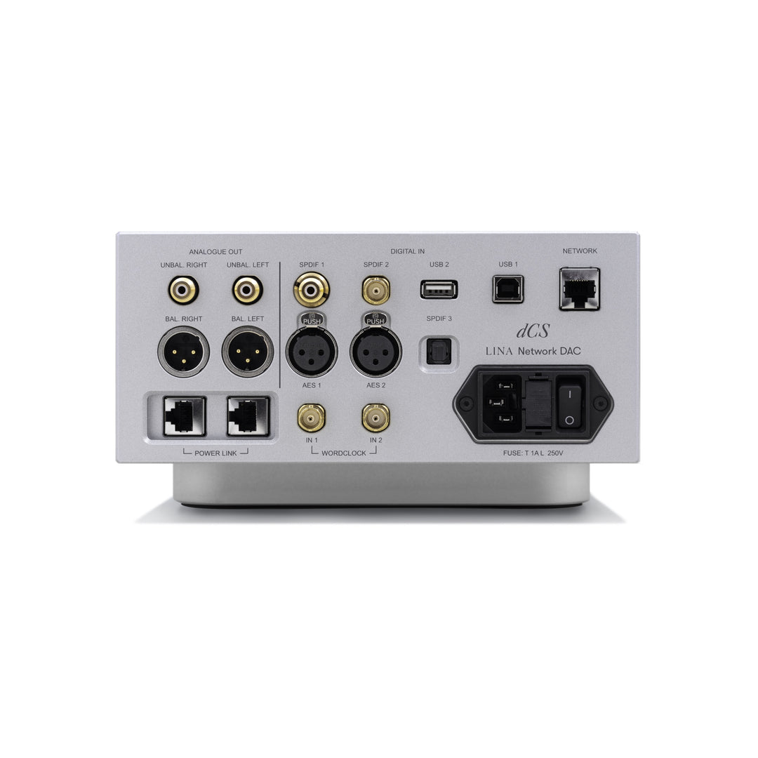 dCS Lina network DAC silver rear over white background