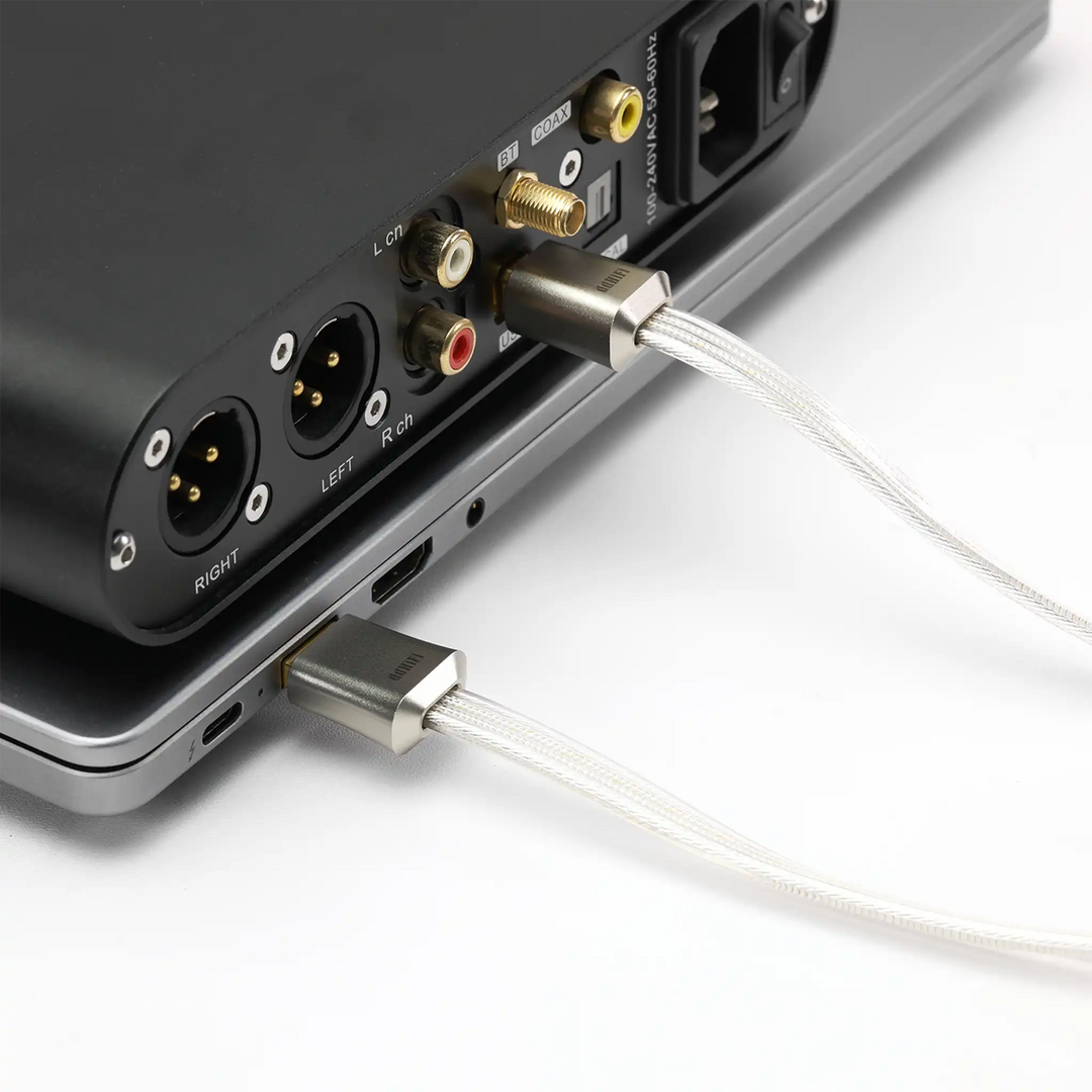 ddHiFi TC19BC cable connected to DAC and laptop closeup whitebox