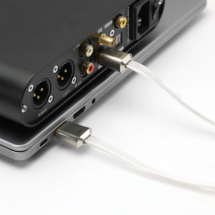 ddHiFi TC19BC cable connected to DAC and laptop closeup whitebox