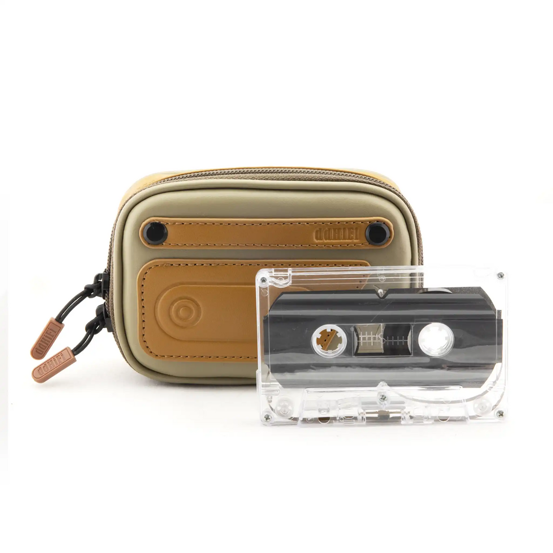 ddHiFi CZ120 retro portable earphone case standing front center with cassette tape in front whitebox