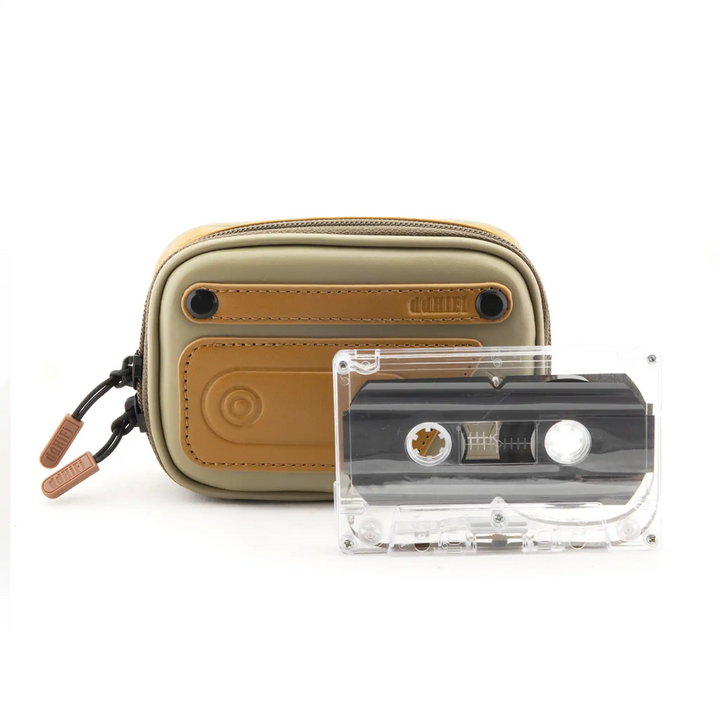 ddHiFi CZ120 retro portable earphone case standing front center with cassette tape in front whitebox