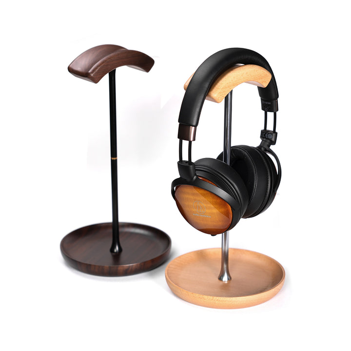 ddHiFi HS270W dark walnut and light beech stand with Audio-Technica headphones atop eye level whitebox