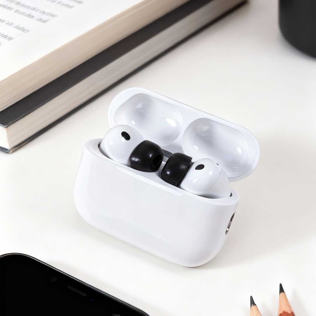 Dekoni Audio Apple AirPods 3 Bulletz eartips on AirPods in case on desk