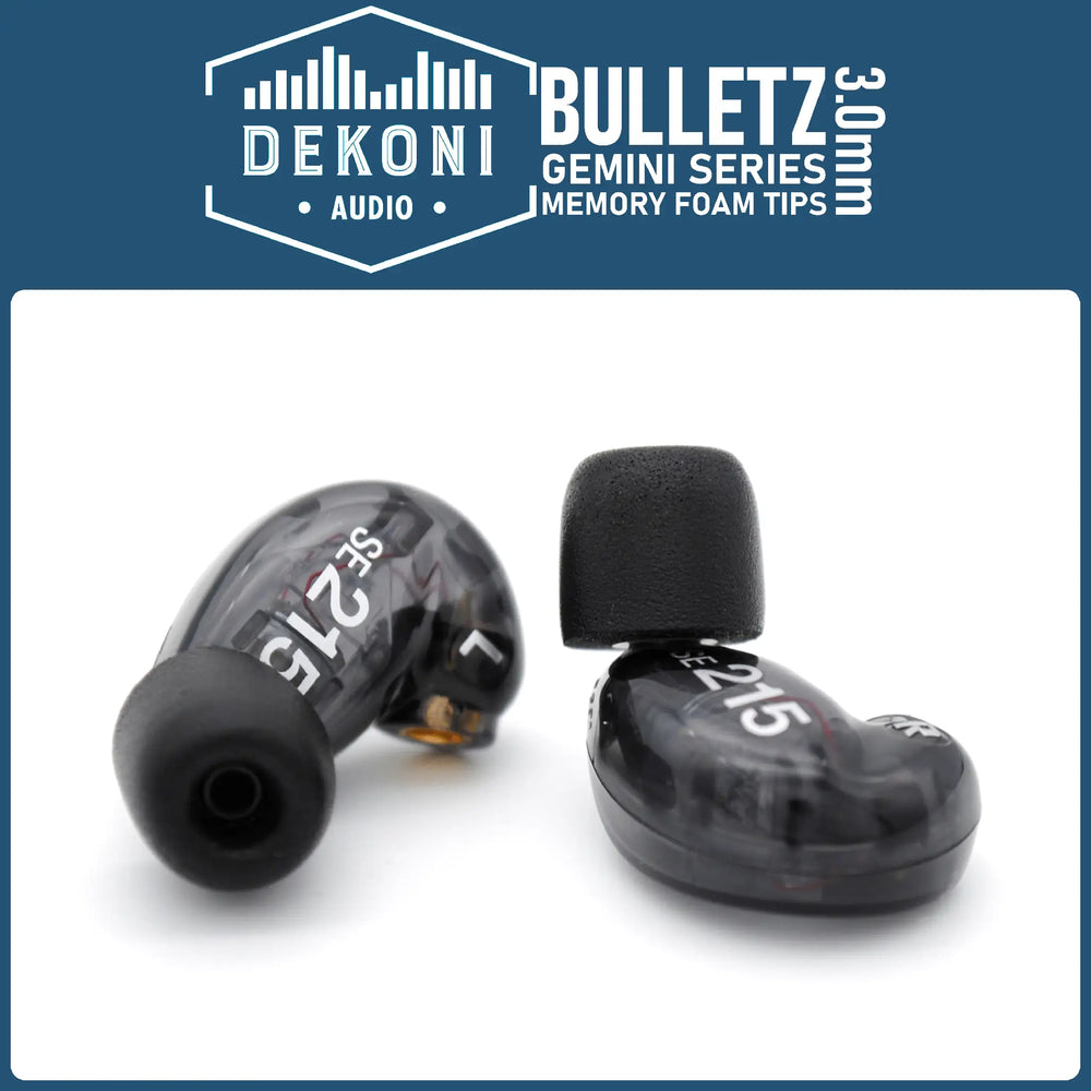 Dekoni Bulletz Gemini Series ear tips closeup on IEMs whitebox