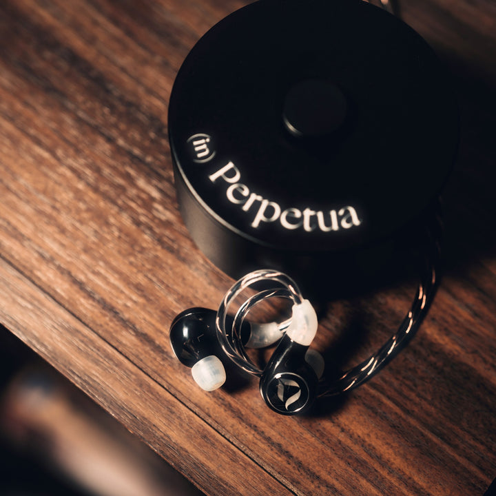DITA Audio Perpetua warm with attached stock cable and case on wood table