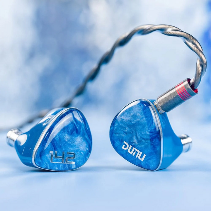 DUNU DN142 iems front with cable attached on blue background