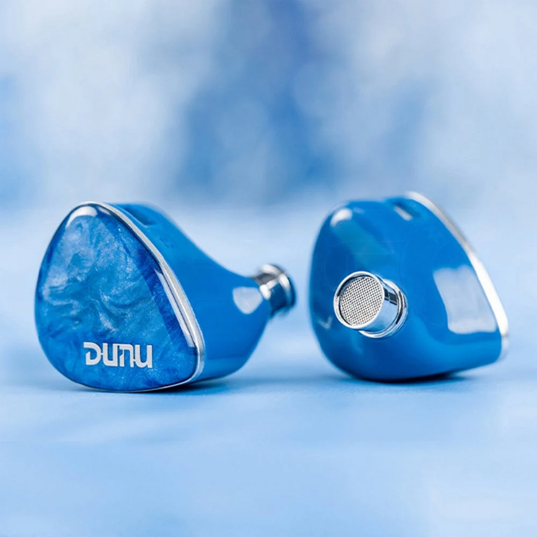 DUNU DN142 iems left front view right rear view on blue background