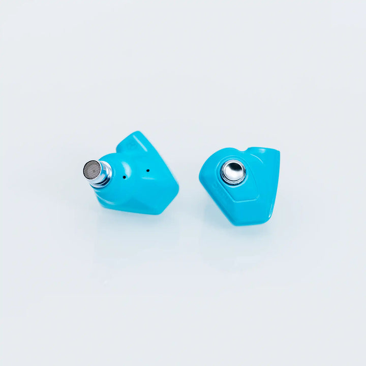 DUNU Titan S2 IEMs in blue sitting front and rear view whitebox