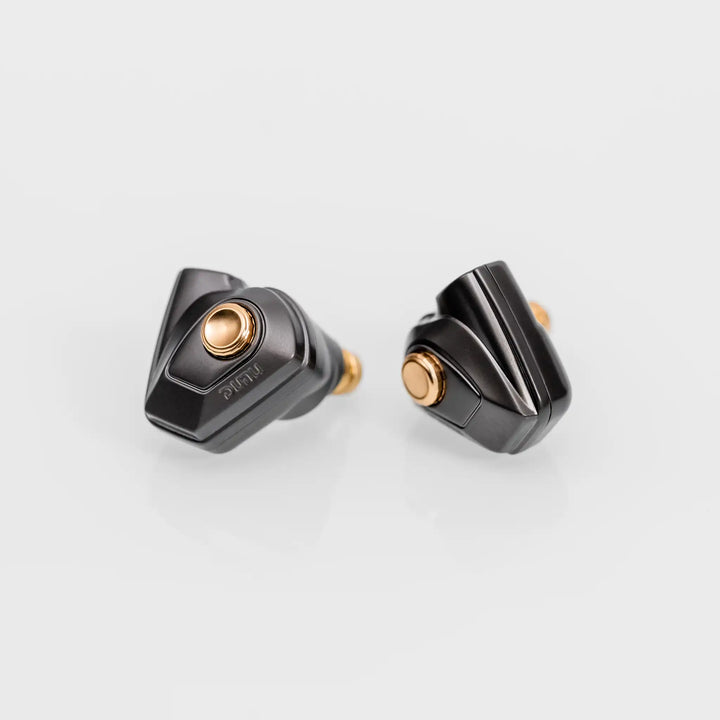 DUNU Titan S2 IEMs in dark brown sitting front and side view whitebox