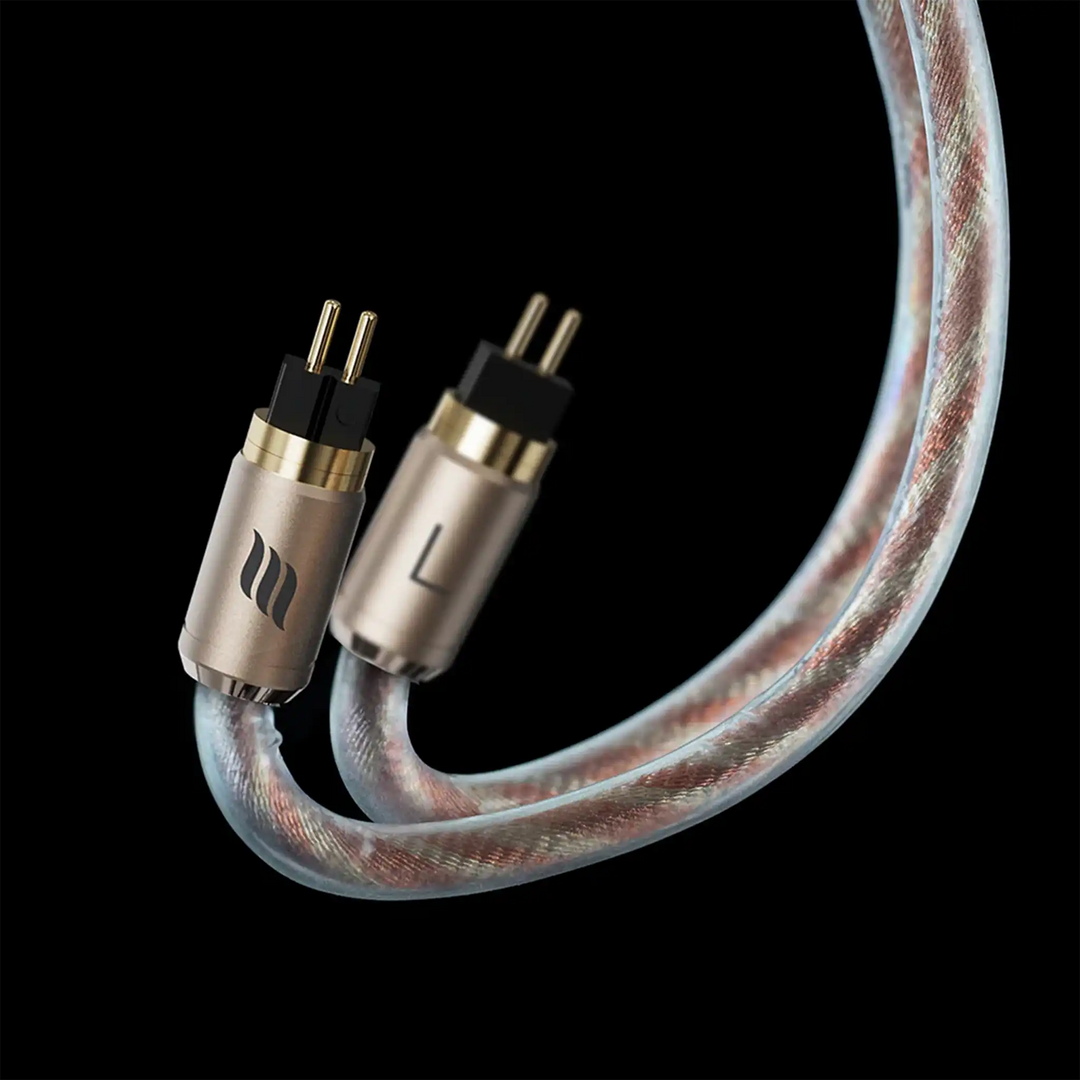 Effect Audio Fusion 1 2025 IEM upgrade cable closeup of 2-pin connectors on black background