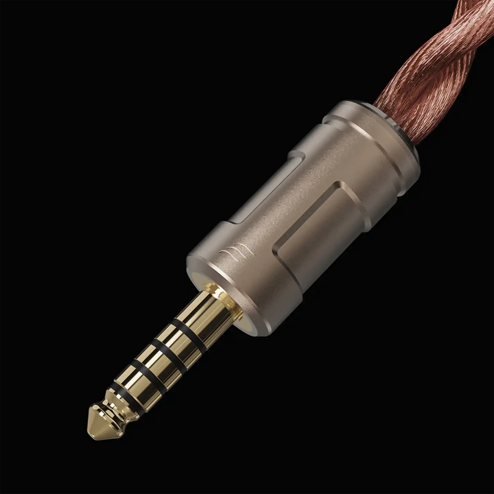 Effect Audio Code 23 MK II IEM upgrade cable closeup of 4.4mm termination on black background