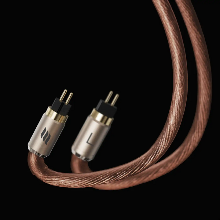 Effect Audio Code 23 MK II IEM upgrade cable closeup of 2-pin connectors on black background