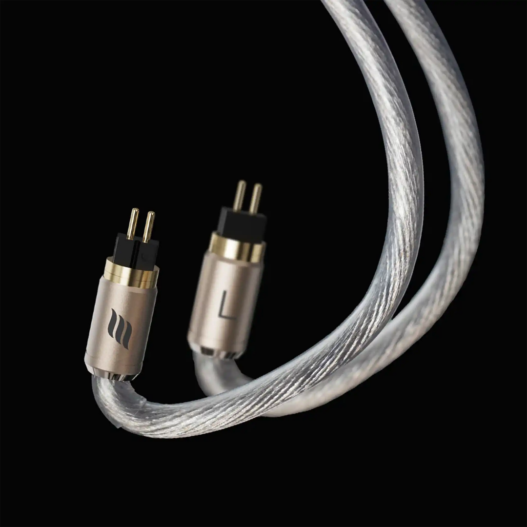 Effect Audio Code 24 MK II IEM upgrade cable closeup of 2-pin connectors on black background