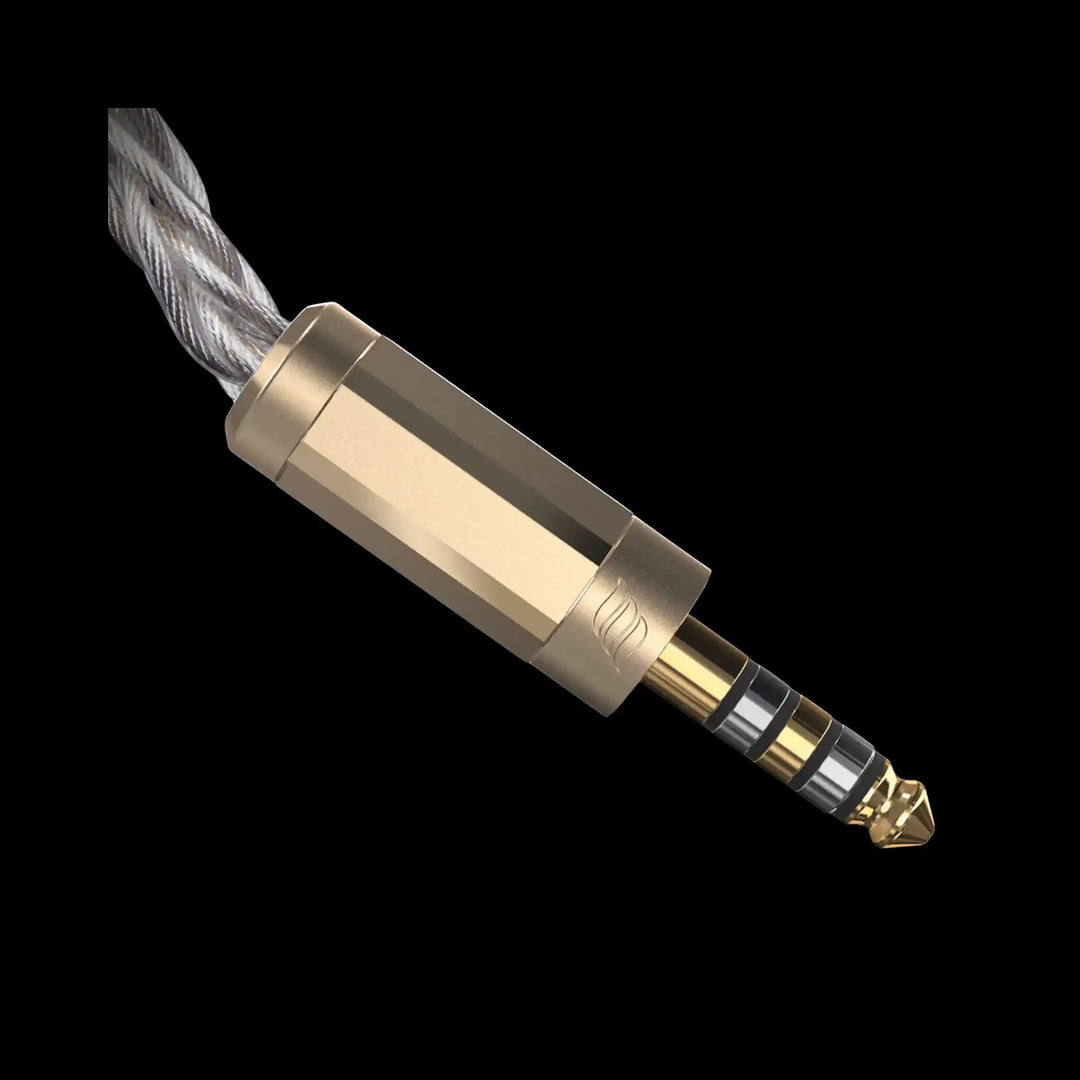 Effect Audio Leonidas Z Master Edition cable 4.4mm dual-plated termination closeup on black background