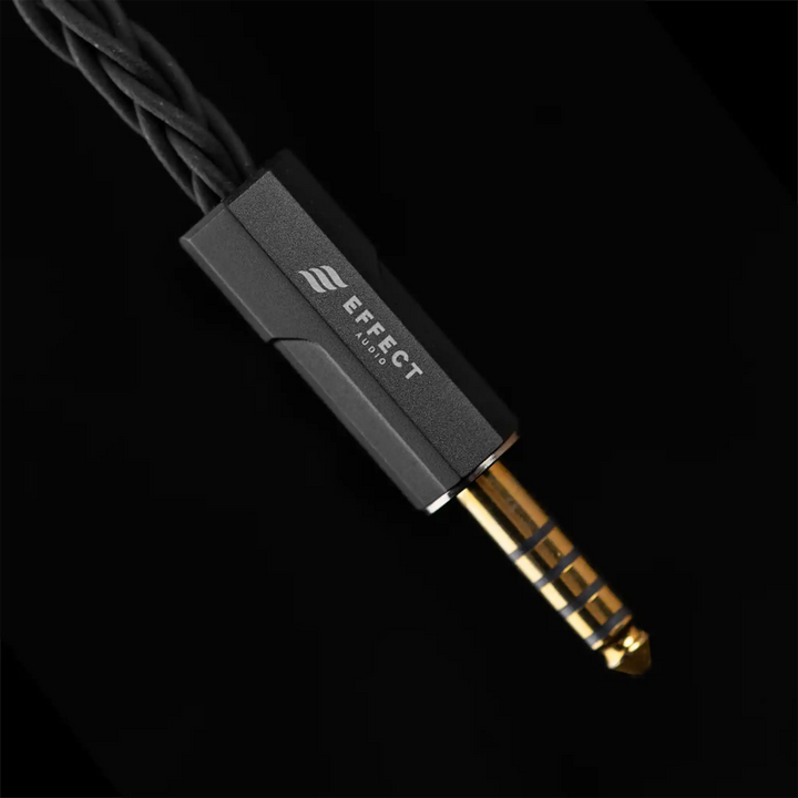 Effect Audio Dionysus cable 4.4mm termination closeup on black background