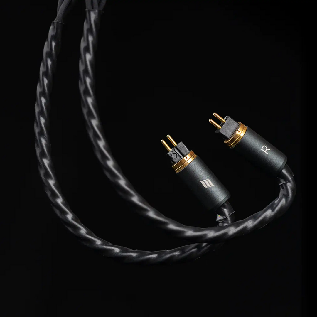 Effect Audio Dionysus cable 2-pin connectors closeup on black background