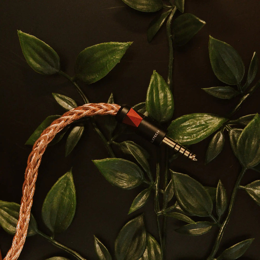 Eletech x Bloom Code headphone cable BAL 4.4mm termination closeup sitting on plant on black table
