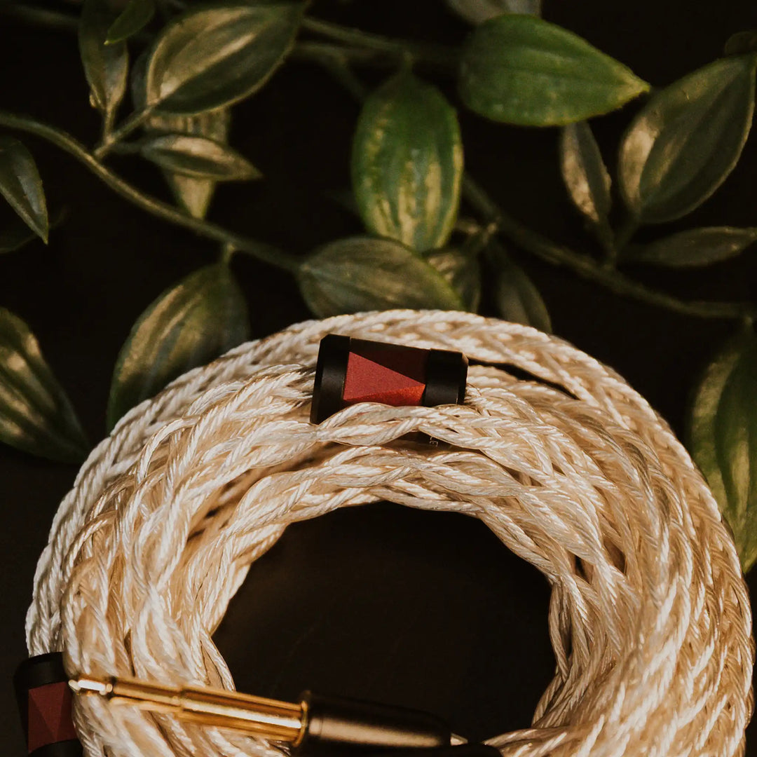 Eletech x Bloom Sage headphone cable closeup coiled sitting on black table with plant