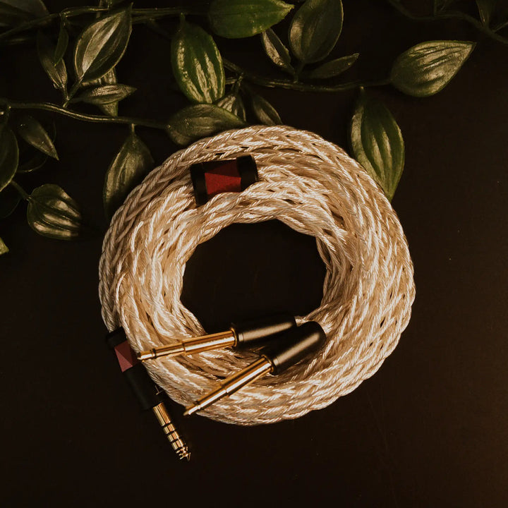 Eletech x Bloom Sage headphone cable sitting coiled on black table with plant