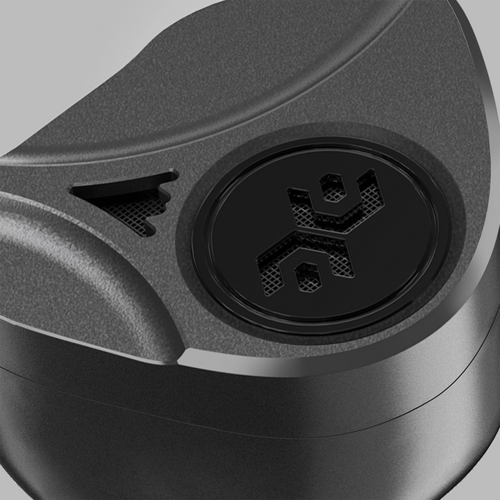 Elysian Apostle 2026 iem extreme closeup of faceplate detail grey background