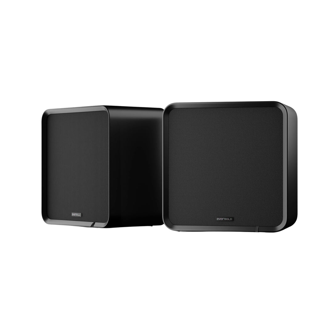 EverSolo SE100 bookshelf speakers with cover on front view left speaker 3 quarter angle whitebox