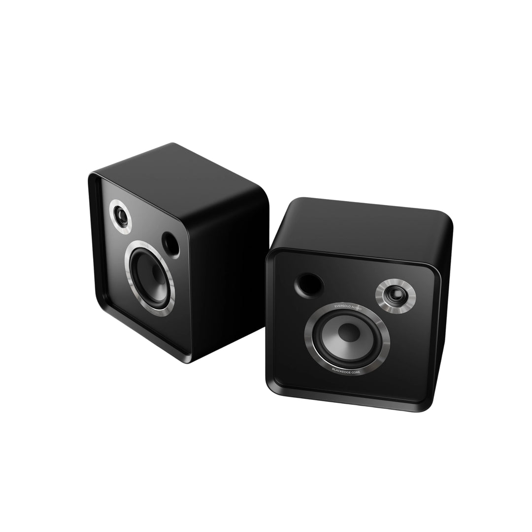 EverSolo SE100 bookshelf speakers front looking down angle without cover whitebox