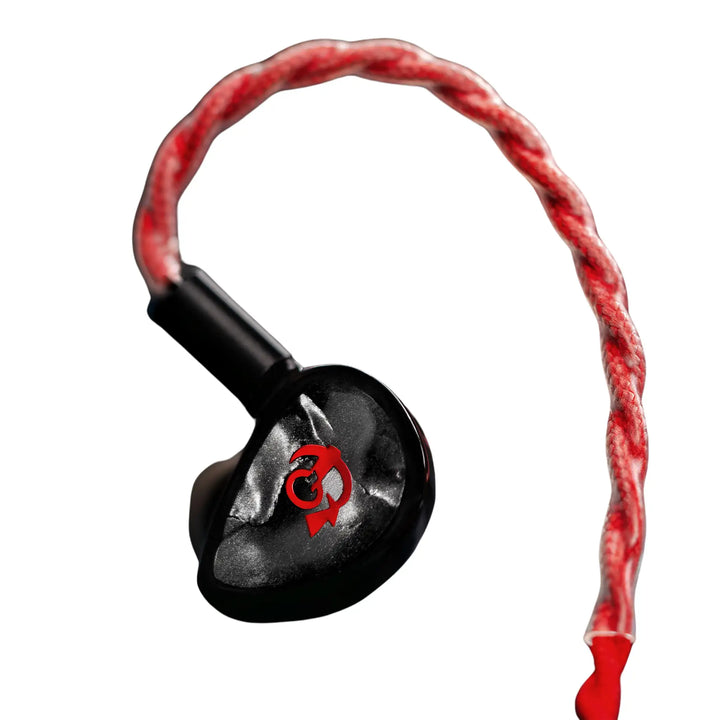 FATfreq x HBB Deuce closeup left earphone with attached blood cable whitebox