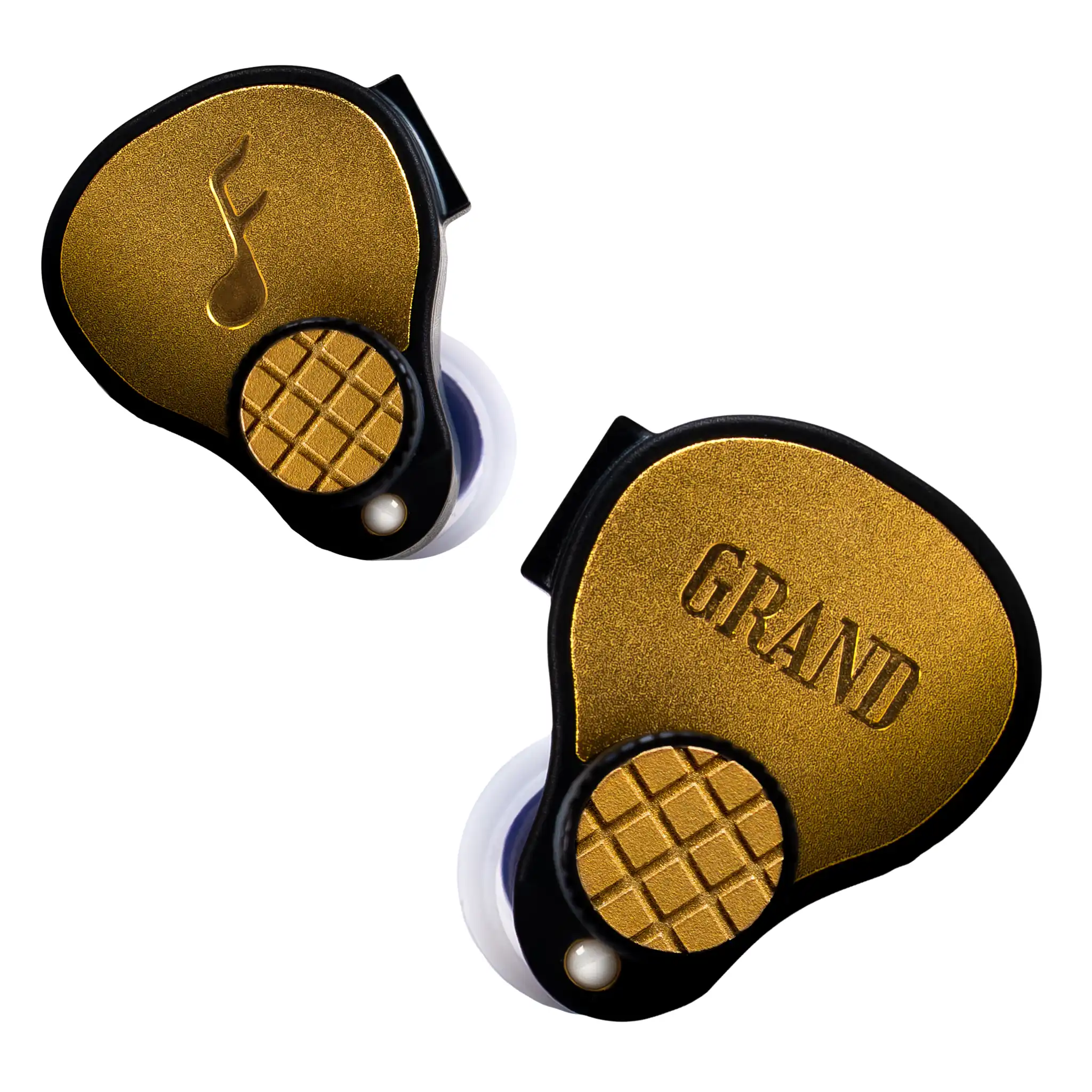 FATfreq Grand Maestro Limited Edition IEMs floating diagonally front view whitebox