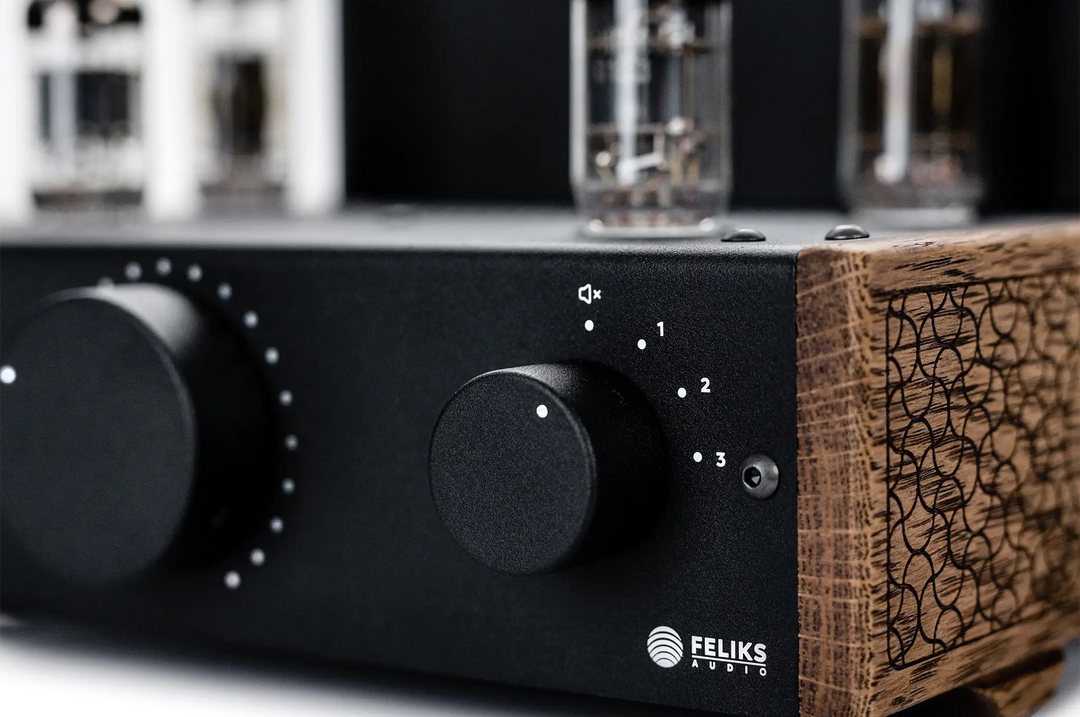 Feliks Audio Echo Vibe tube amp front right corner closeup of volume wheel 3 quarter angle whitebox