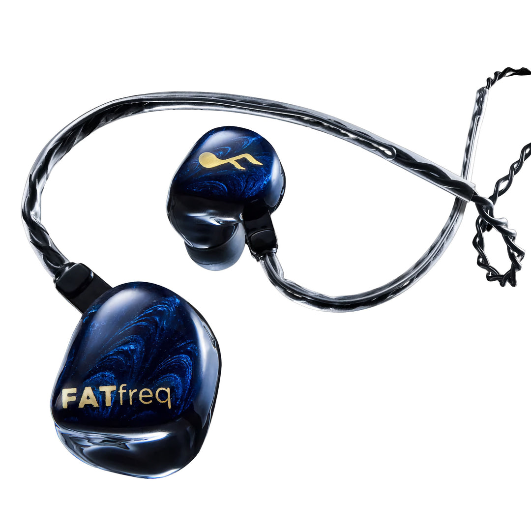 FATfreq Maestro Mini earphones closeup with attached stock cable whitebox