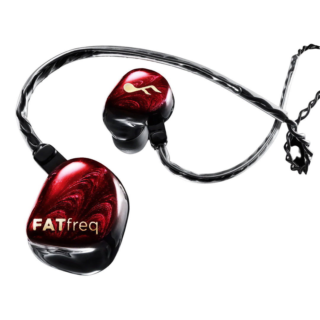 FATfreq Scarlet Mini earphones closeup with attached stock cable whitebox