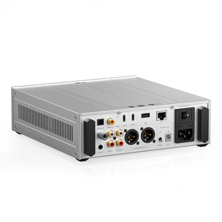 FiiO K15 DAC/amp in silver sitting rear left 3 quarter angle whitebox