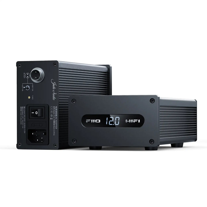 FiiO PL50 linear power supply x2 sitting front right 3 quarter angle and rear view sitting on right side whitebox