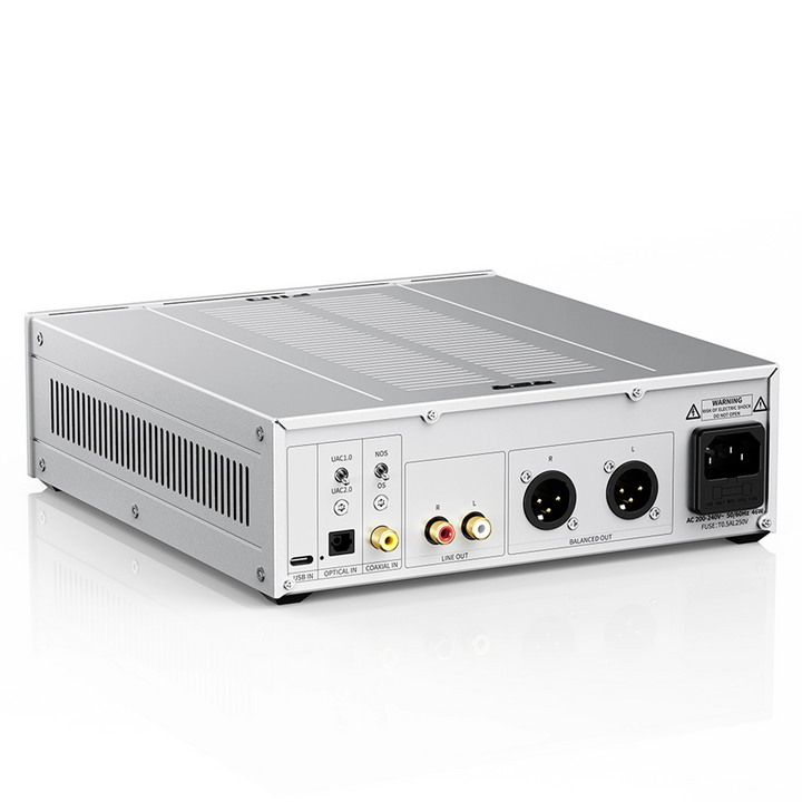 FIIO Warmer R2R DAC/amp in silver rear left 3 quarter whitebox