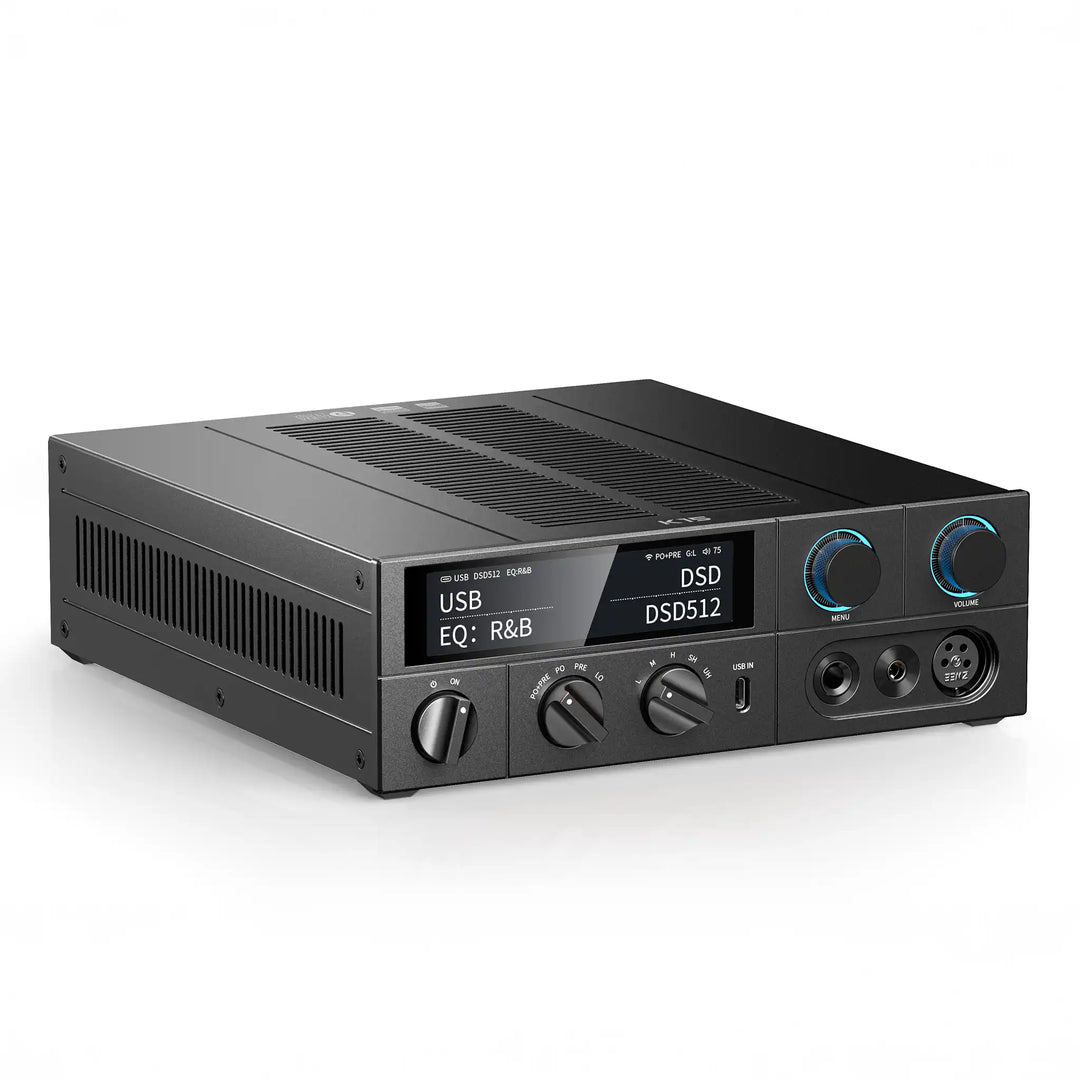 FiiO K15 DAC/amp in black sitting front left 3 quarter angle whitebox