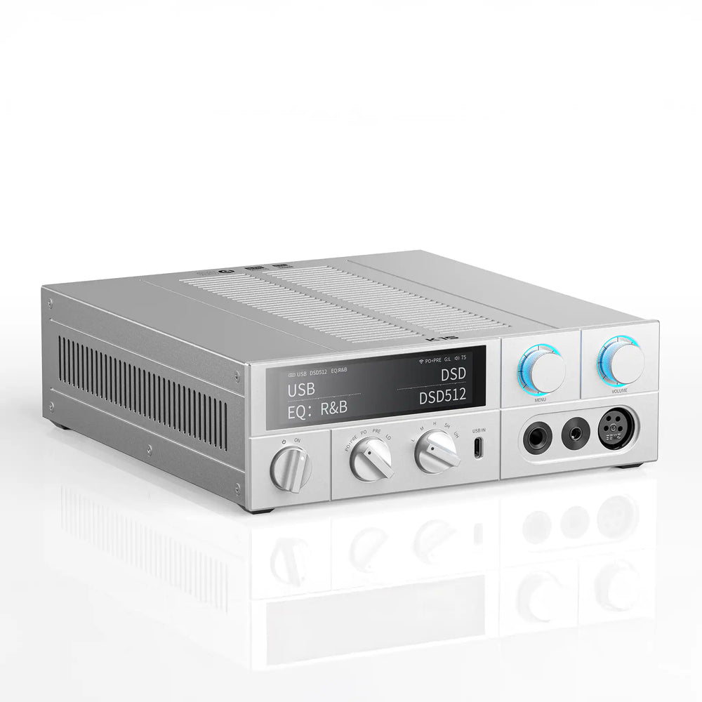 FiiO K15 DAC/amp in silver sitting front left 3 quarter angle whitebox