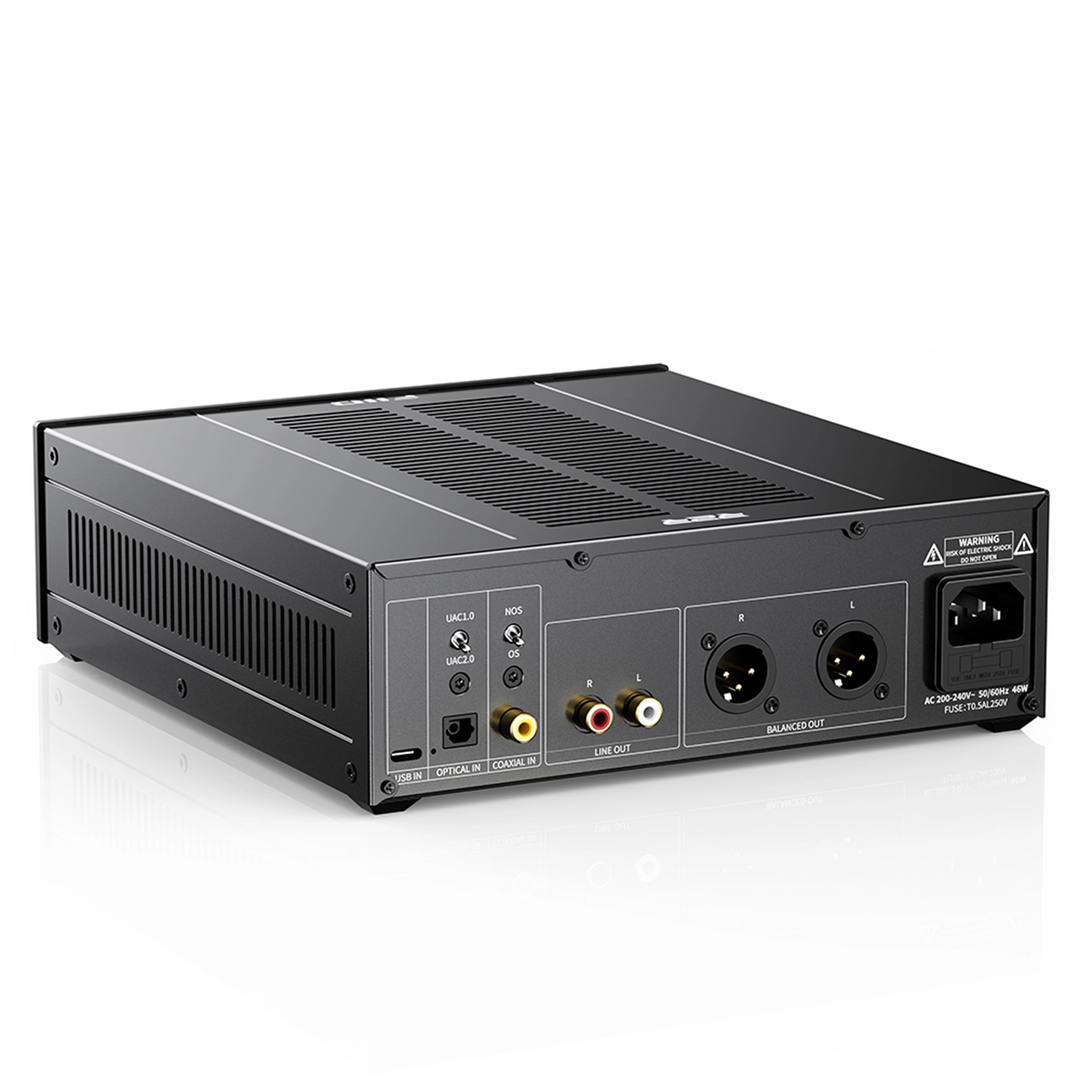 FIIO Warmer R2R DAC/amp in black rear left 3 quarter whitebox