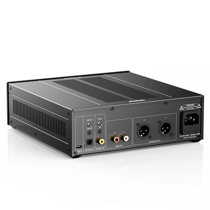 FIIO Warmer R2R DAC/amp in black rear left 3 quarter whitebox