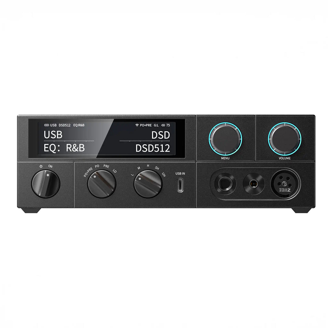 FiiO K15 DAC/amp in black sitting front center whitebox