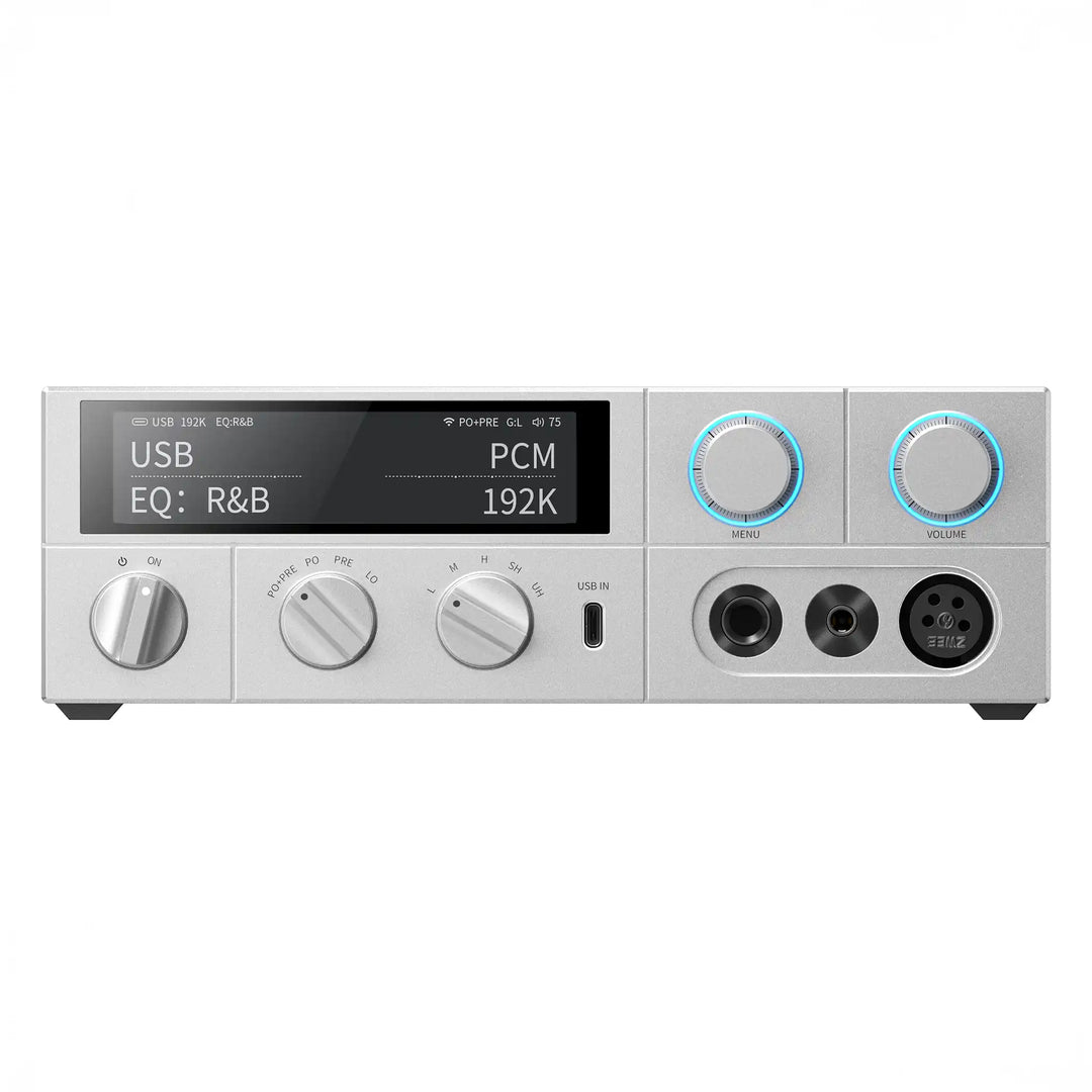 FiiO K15 DAC/amp in silver sitting front center whitebox