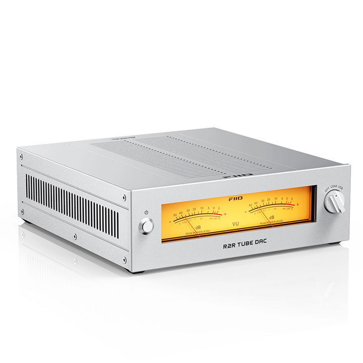 FIIO Warmer R2R DAC/amp in silver front left 3 quarter whitebox