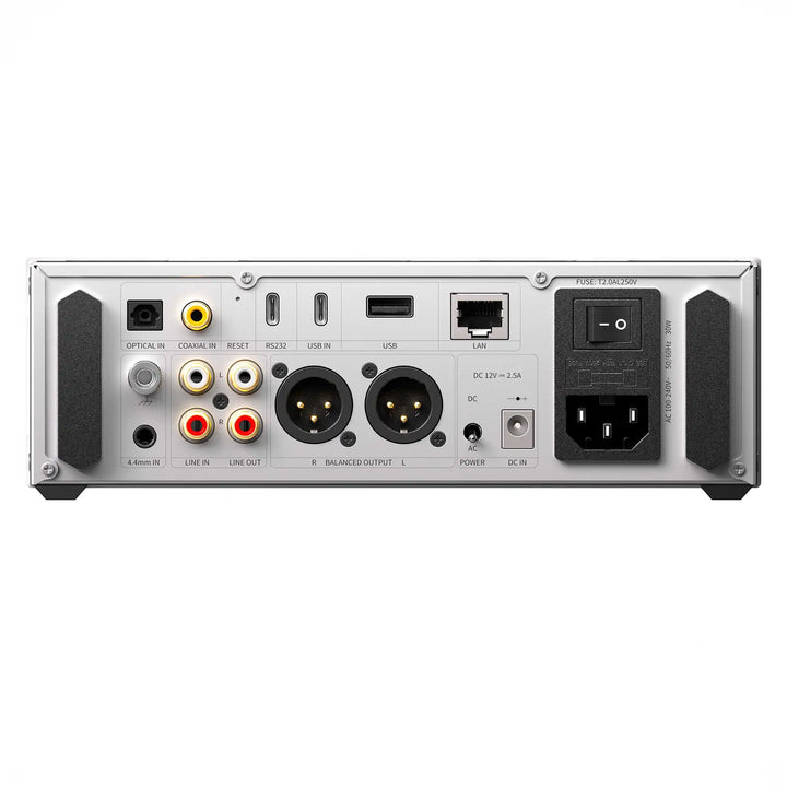 FiiO K15 DAC/amp in silver sitting rear center whitebox
