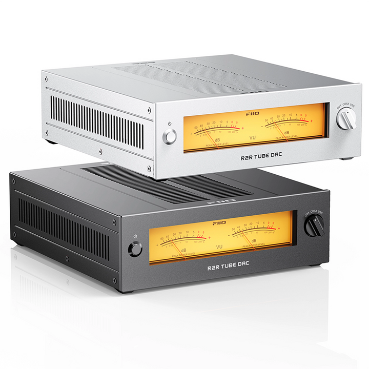 FIIO Warmer R2R DAC/amp in silver and black stacked front left 3 quarter whitebox