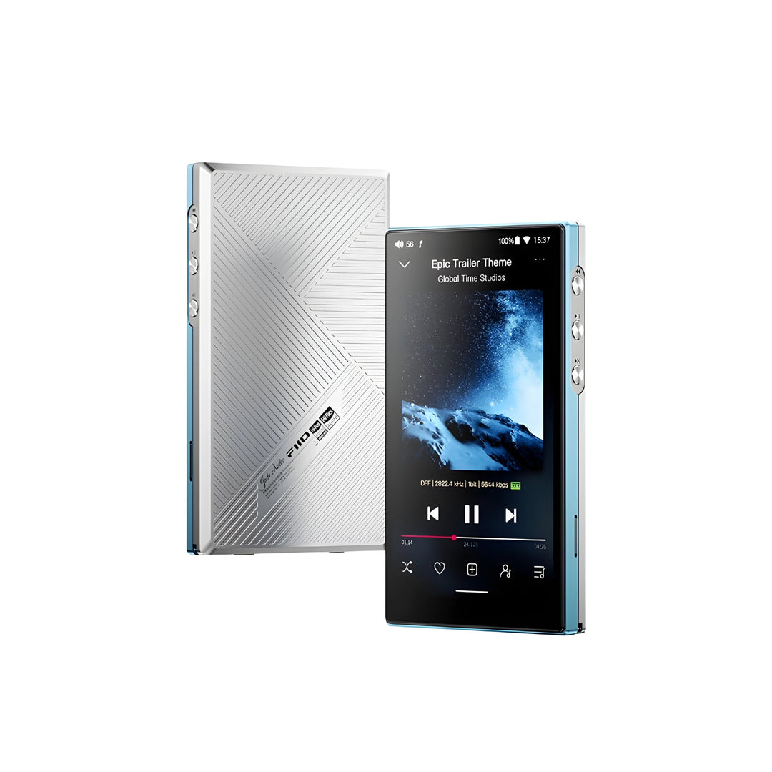 FiiO JM21 DAP blue x2 front and back view 3 quarter angles whitebox