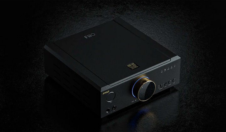 FiiO K9 Pro ESS DAC/Amp front left corner 3 quarter angle on dark background