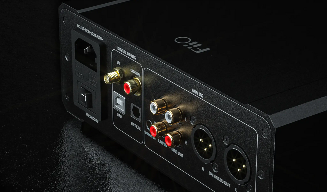 FiiO K9 Pro ESS DAC/Amp rear interface closeup on dark background