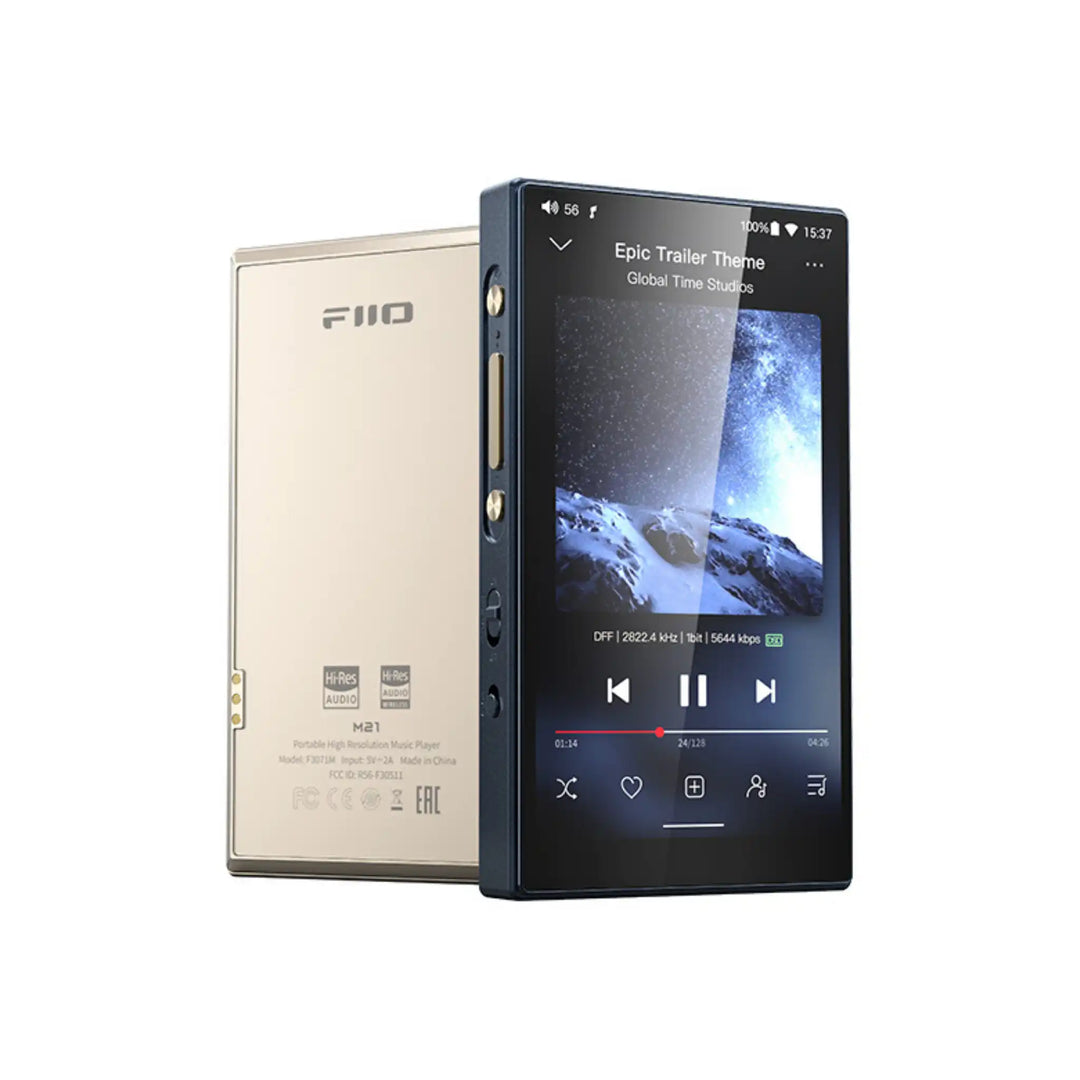 FiiO M21 DAP blue front left 3 quarter angle with gold rear right 3 quarter angle whitebox